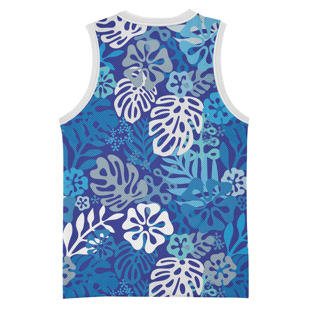 Blue Aloha Hawaiian Basketball Jersey Monstera Hibiscus Tropical Pattern