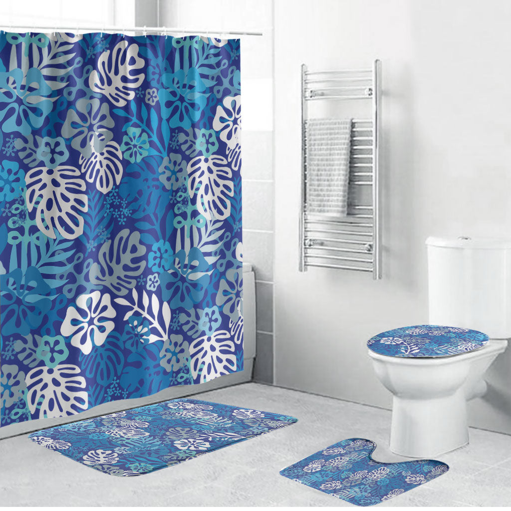 Blue Aloha Hawaiian Bathroom Set Monstera Hibiscus Tropical Pattern LT19 Bathroom Set (4 pcs) Blue - Polynesian Pride