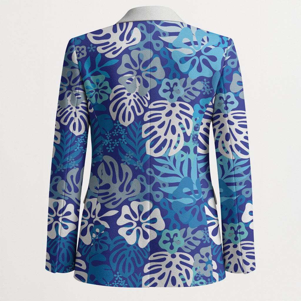 Blue Aloha Hawaiian Blazer Monstera Hibiscus Tropical Pattern LT19 - Polynesian Pride