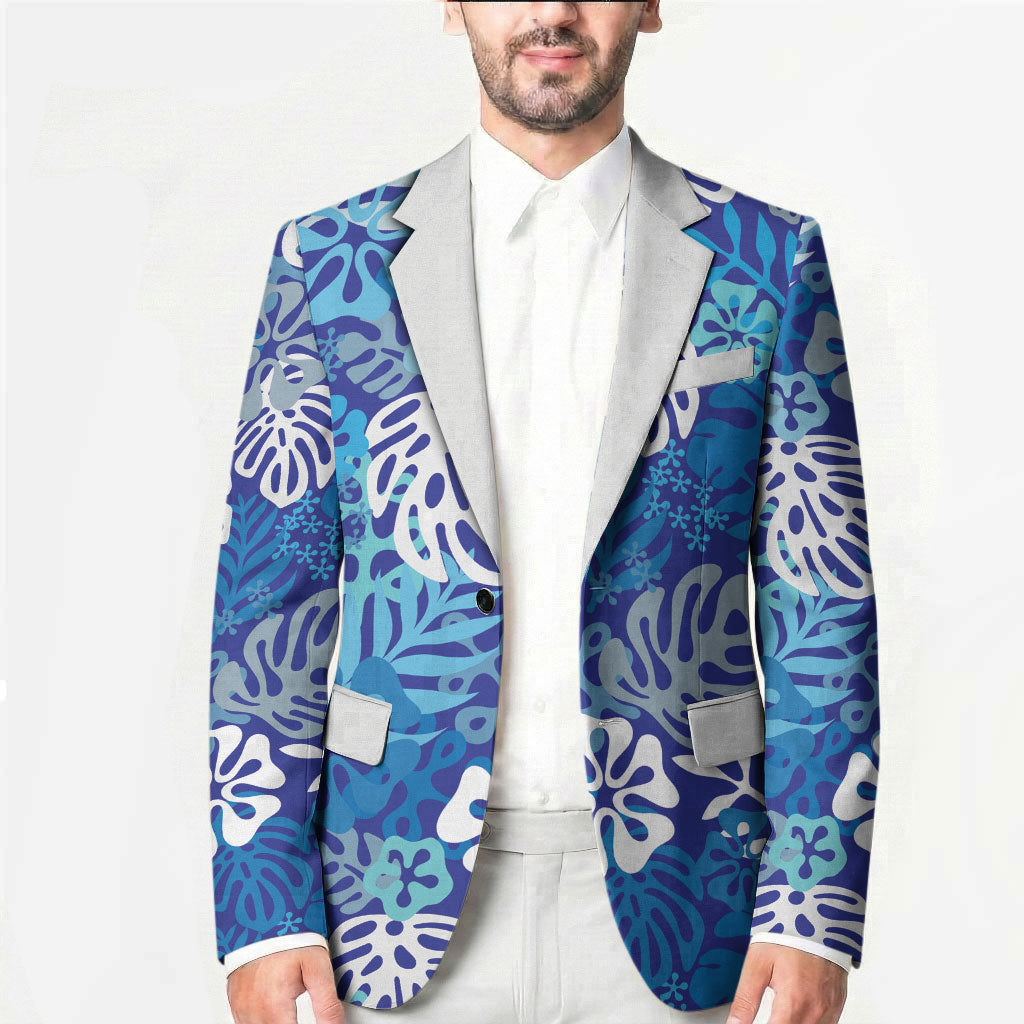 Blue Aloha Hawaiian Blazer Monstera Hibiscus Tropical Pattern LT19 - Polynesian Pride