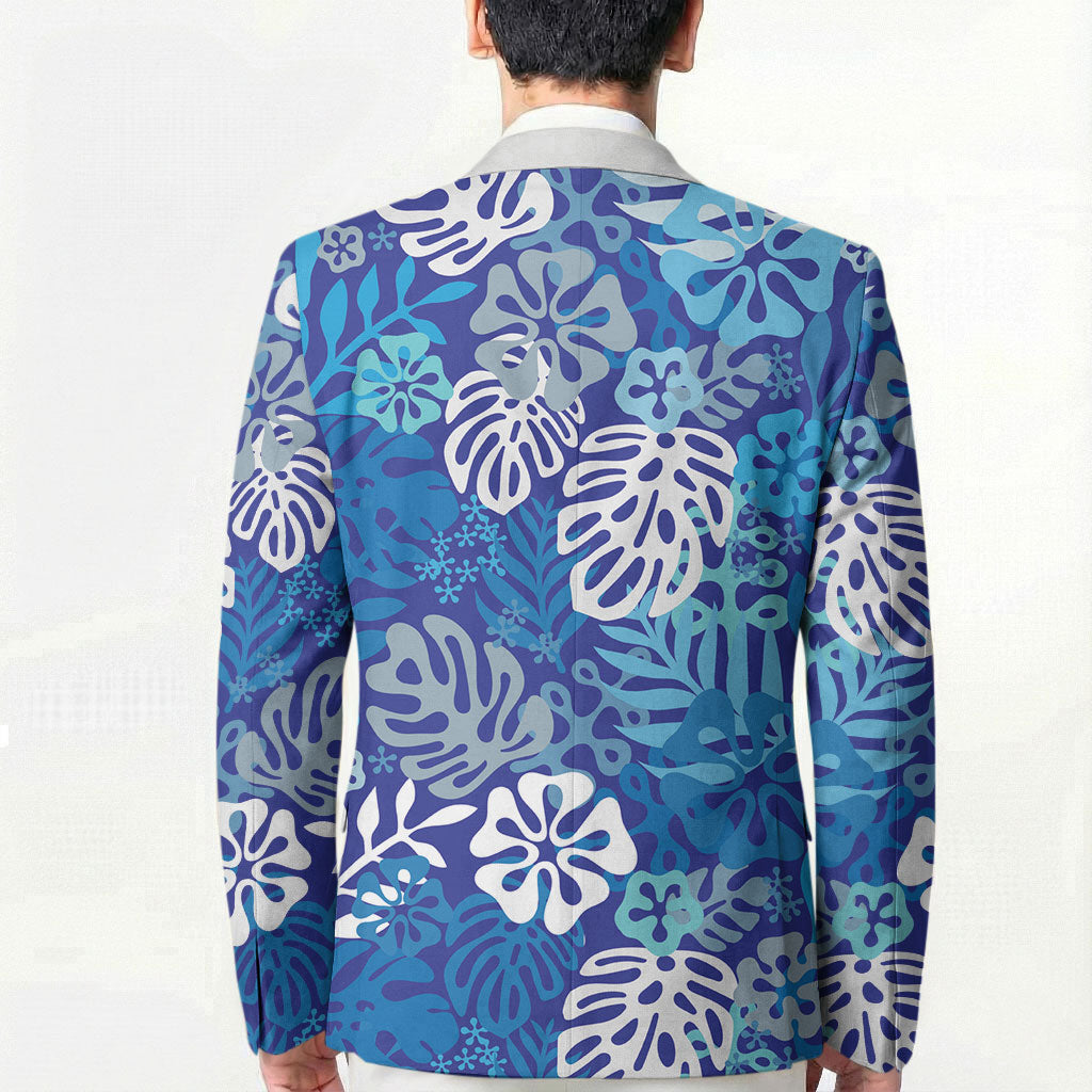 Blue Aloha Hawaiian Blazer Monstera Hibiscus Tropical Pattern LT19 - Polynesian Pride