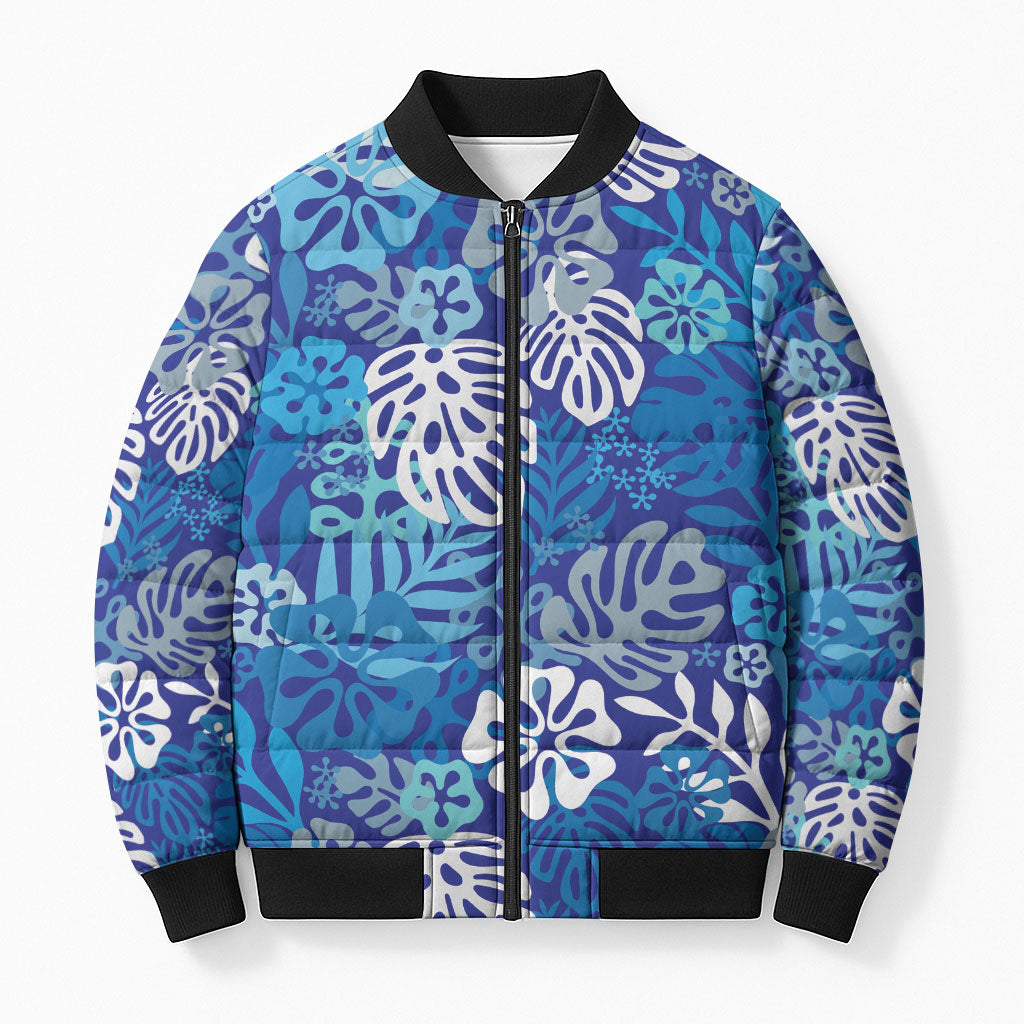 Blue Aloha Hawaiian Bomber Puffer Jacket Monstera Hibiscus Tropical Pattern LT19 Unisex Blue - Polynesian Pride