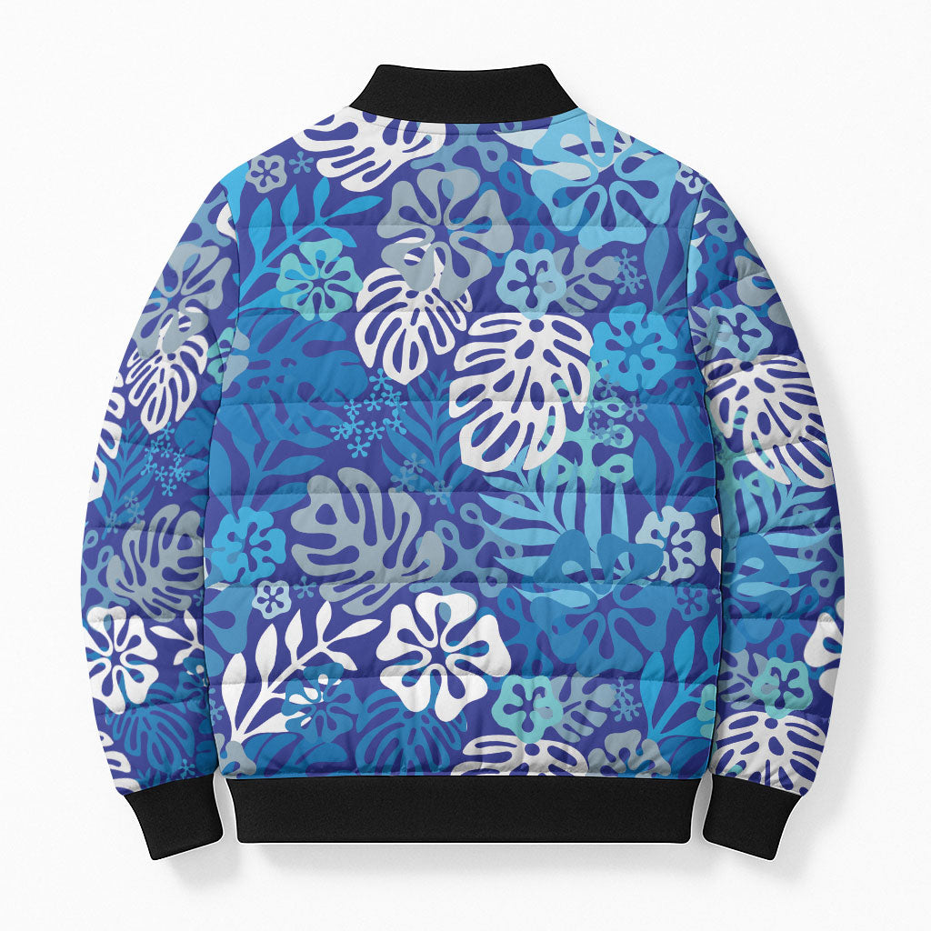 Blue Aloha Hawaiian Bomber Puffer Jacket Monstera Hibiscus Tropical Pattern LT19 - Polynesian Pride