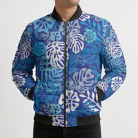 Blue Aloha Hawaiian Bomber Puffer Jacket Monstera Hibiscus Tropical Pattern LT19 - Polynesian Pride