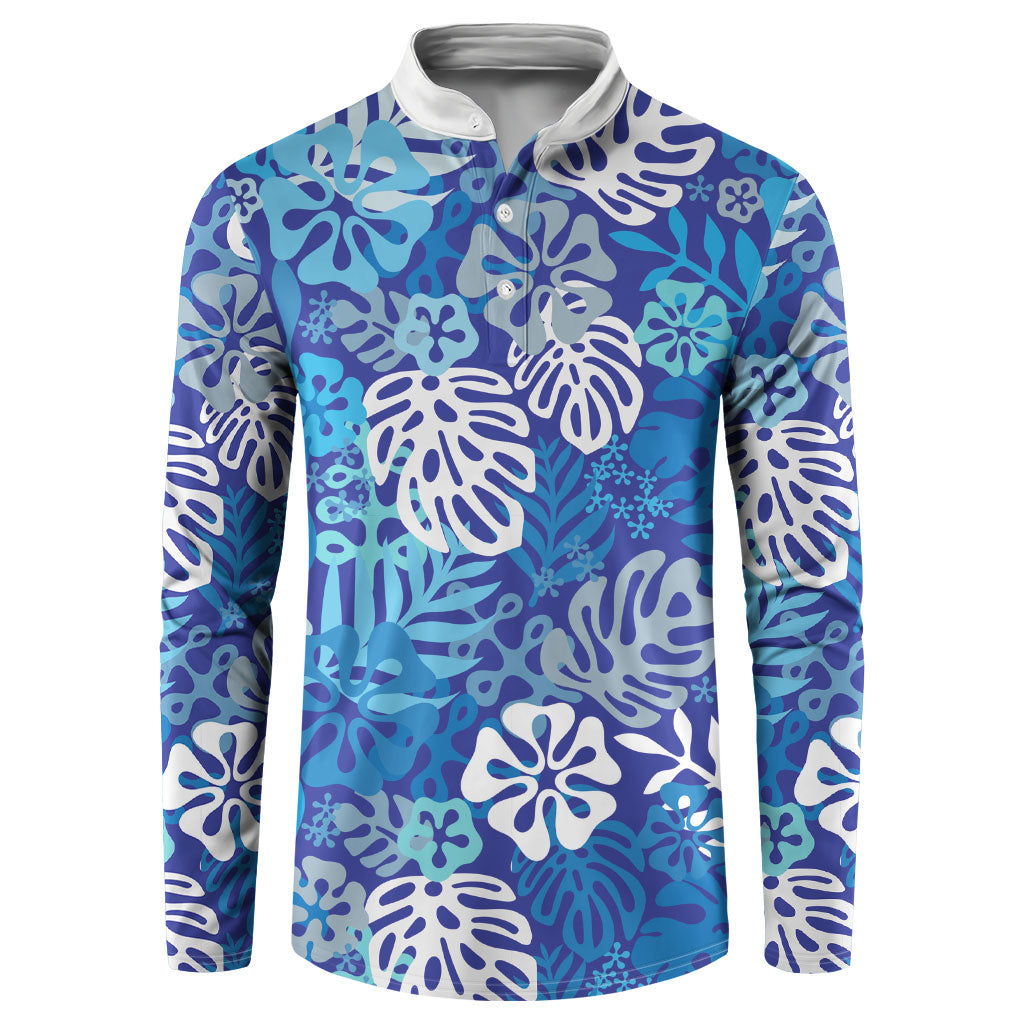 Blue Aloha Hawaiian Button Sweatshirt Monstera Hibiscus Tropical Pattern LT19 Blue - Polynesian Pride