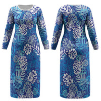 Blue Aloha Hawaiian Couples Matching Long Sleeve Bodycon Dress and Long Sleeve Button Shirt Monstera Hibiscus Tropical Pattern LT19 - Polynesian Pride