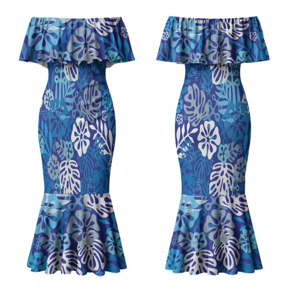 Blue Aloha Hawaiian Couples Matching Mermaid Dress and Hawaiian Shirt Monstera Hibiscus Tropical Pattern LT19 - Polynesian Pride