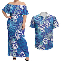 Blue Aloha Hawaiian Couples Matching Off Shoulder Maxi Dress and Hawaiian Shirt Monstera Hibiscus Tropical Pattern LT19 Blue - Polynesian Pride