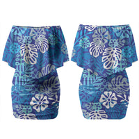 Blue Aloha Hawaiian Couples Matching Off Shoulder Short Dress and Hawaiian Shirt Monstera Hibiscus Tropical Pattern LT19 - Polynesian Pride