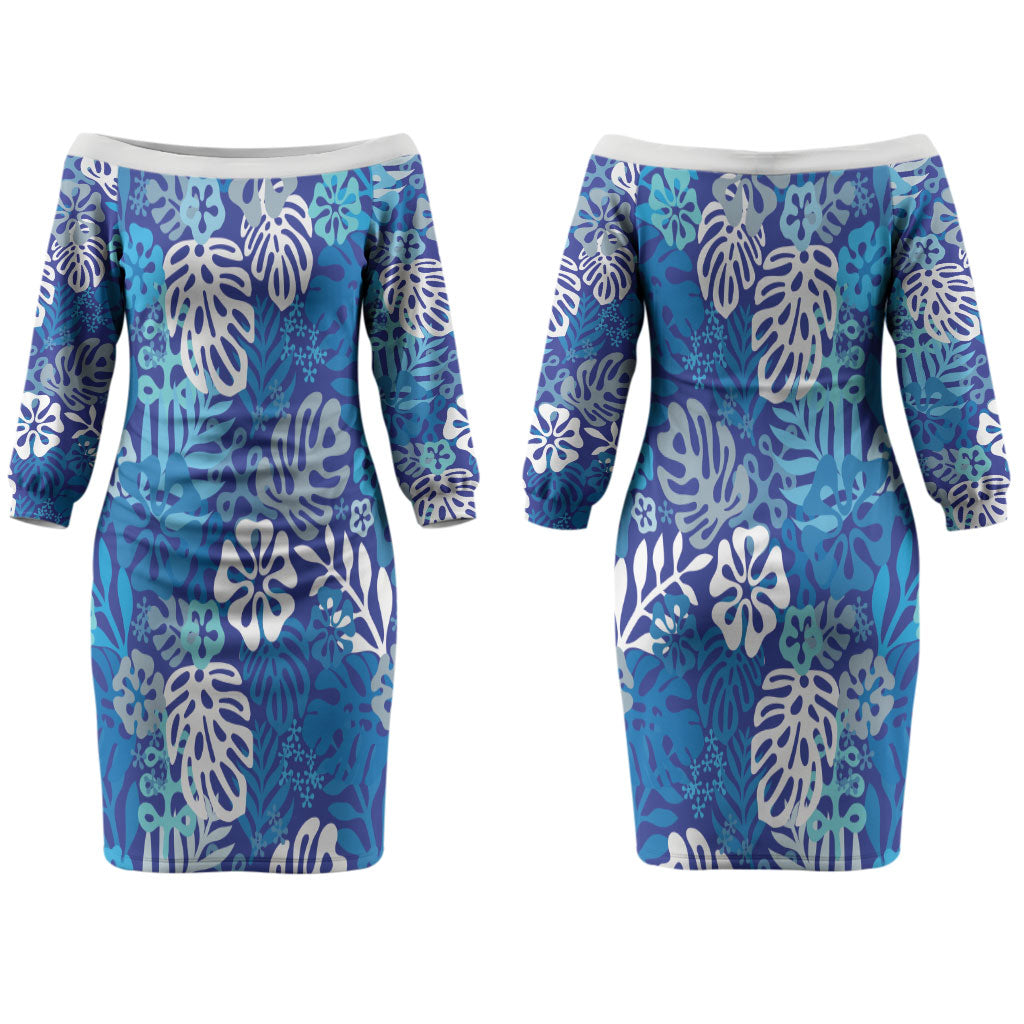 Blue Aloha Hawaiian Couples Matching Off The Shoulder Long Sleeve Dress and Long Sleeve Button Shirt Monstera Hibiscus Tropical Pattern LT19 - Polynesian Pride