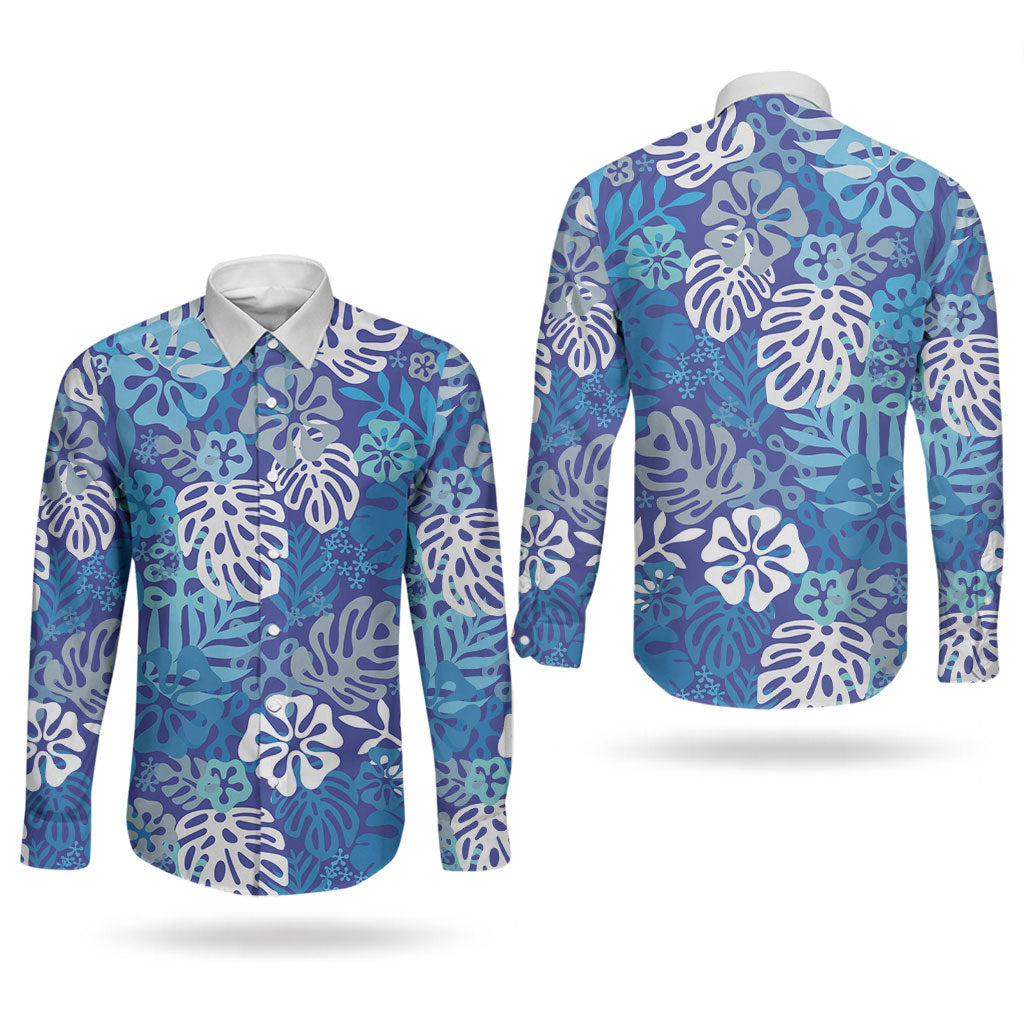 Blue Aloha Hawaiian Couples Matching Short Sleeve Bodycon Dress and Long Sleeve Button Shirt Monstera Hibiscus Tropical Pattern LT19 - Polynesian Pride