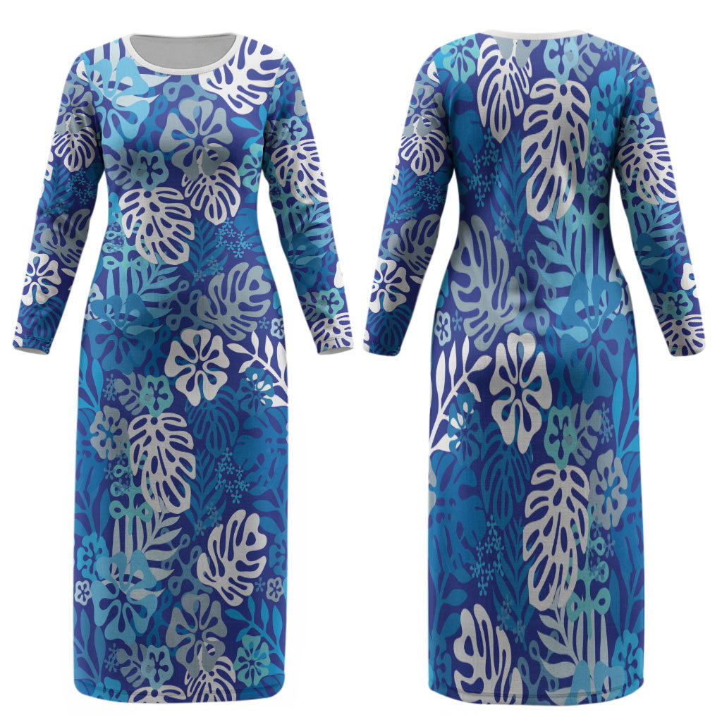 Blue Aloha Hawaiian Family Matching Long Sleeve Bodycon Dress and Hawaiian Shirt Monstera Hibiscus Tropical Pattern LT19 Mom's Dress Blue - Polynesian Pride