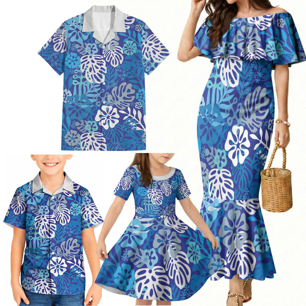 Blue Aloha Hawaiian Family Matching Mermaid Dress and Hawaiian Shirt Monstera Hibiscus Tropical Pattern LT19 - Polynesian Pride