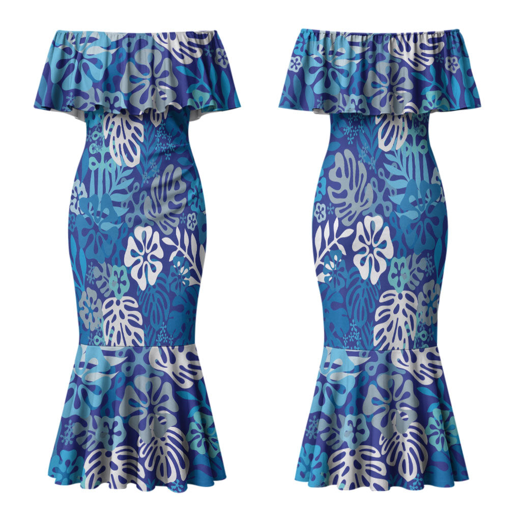 Blue Aloha Hawaiian Family Matching Mermaid Dress and Hawaiian Shirt Monstera Hibiscus Tropical Pattern LT19 Mom's Dress Blue - Polynesian Pride