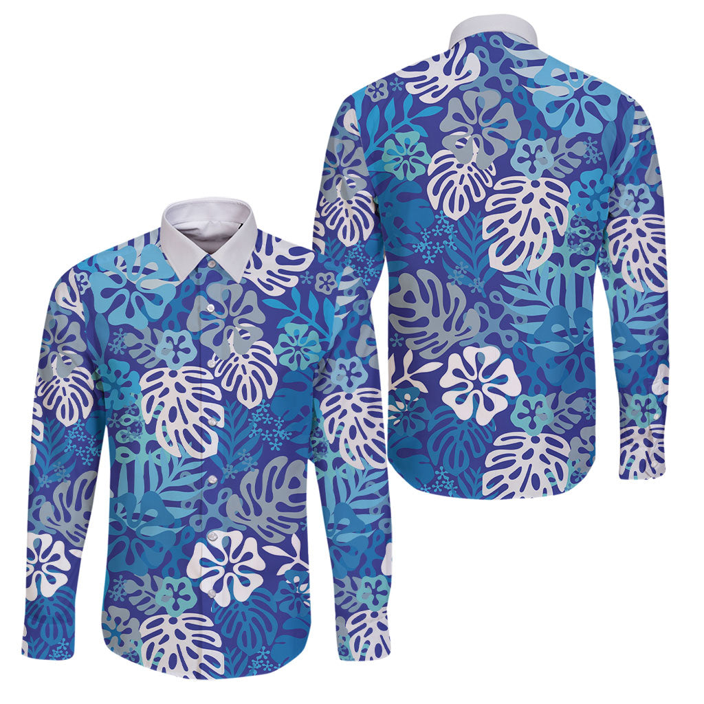 Blue Aloha Hawaiian Family Matching Mermaid Dress and Hawaiian Shirt Monstera Hibiscus Tropical Pattern LT19 Dad's Shirt - Long Sleeve Blue - Polynesian Pride