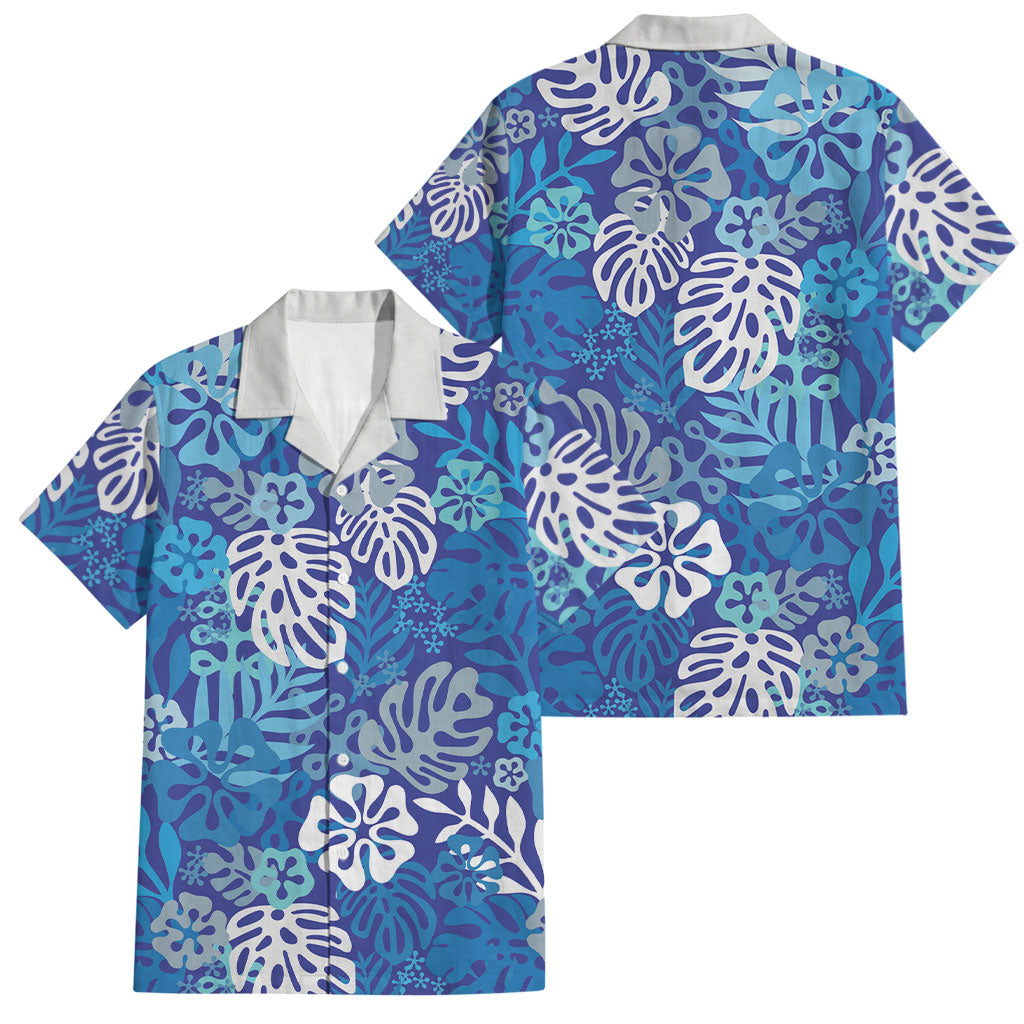 Blue Aloha Hawaiian Family Matching Off Shoulder Maxi Dress and Hawaiian Shirt Monstera Hibiscus Tropical Pattern
