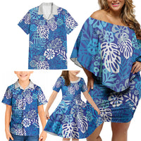 Blue Aloha Hawaiian Family Matching Off Shoulder Short Dress and Hawaiian Shirt Monstera Hibiscus Tropical Pattern LT19 - Polynesian Pride