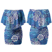 Blue Aloha Hawaiian Family Matching Off Shoulder Short Dress and Hawaiian Shirt Monstera Hibiscus Tropical Pattern LT19 Mom's Dress Blue - Polynesian Pride