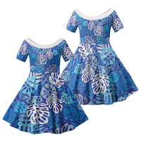 Blue Aloha Hawaiian Family Matching Off Shoulder Short Dress and Hawaiian Shirt Monstera Hibiscus Tropical Pattern LT19 Daughter's Dress Blue - Polynesian Pride