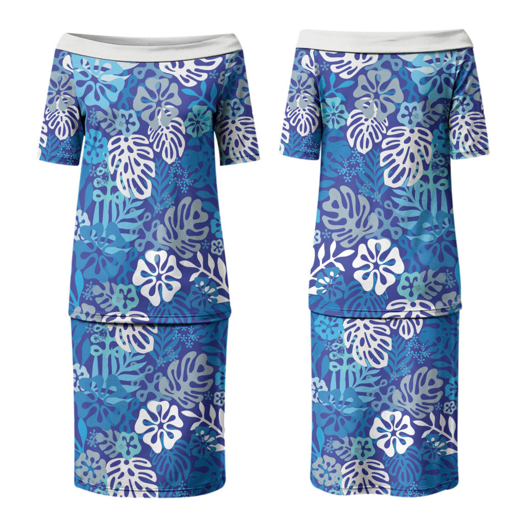 Blue Aloha Hawaiian Family Matching Puletasi and Hawaiian Shirt Monstera Hibiscus Tropical Pattern LT19 Mom's Dress Blue - Polynesian Pride