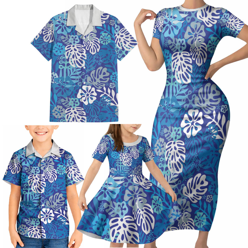 Blue Aloha Hawaiian Family Matching Short Sleeve Bodycon Dress and Hawaiian Shirt Monstera Hibiscus Tropical Pattern LT19 - Polynesian Pride