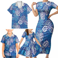 Blue Aloha Hawaiian Family Matching Short Sleeve Bodycon Dress and Hawaiian Shirt Monstera Hibiscus Tropical Pattern LT19 - Polynesian Pride