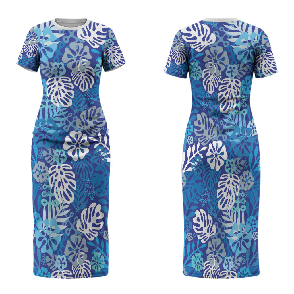 Blue Aloha Hawaiian Family Matching Short Sleeve Bodycon Dress and Hawaiian Shirt Monstera Hibiscus Tropical Pattern LT19 Mom's Dress Blue - Polynesian Pride