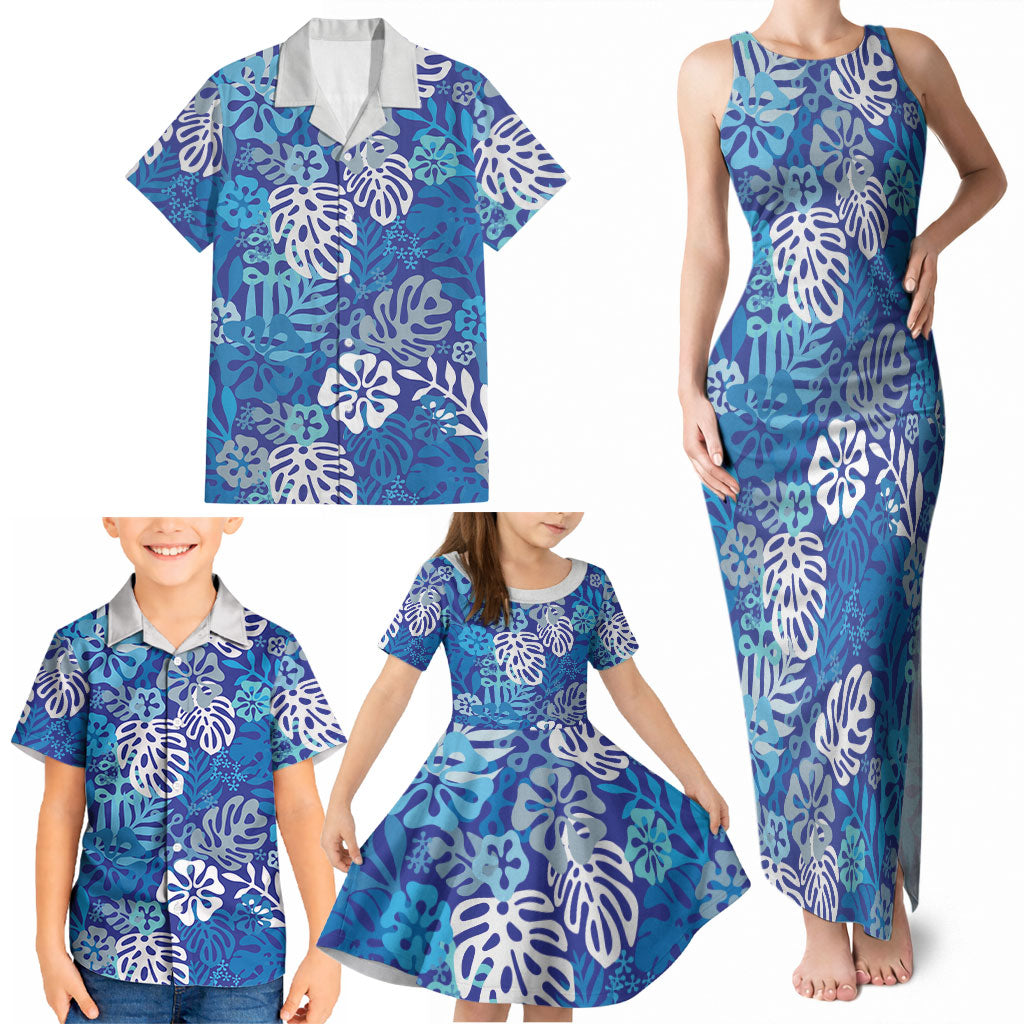 Blue Aloha Hawaiian Family Matching Tank Maxi Dress and Hawaiian Shirt Monstera Hibiscus Tropical Pattern LT19 - Polynesian Pride