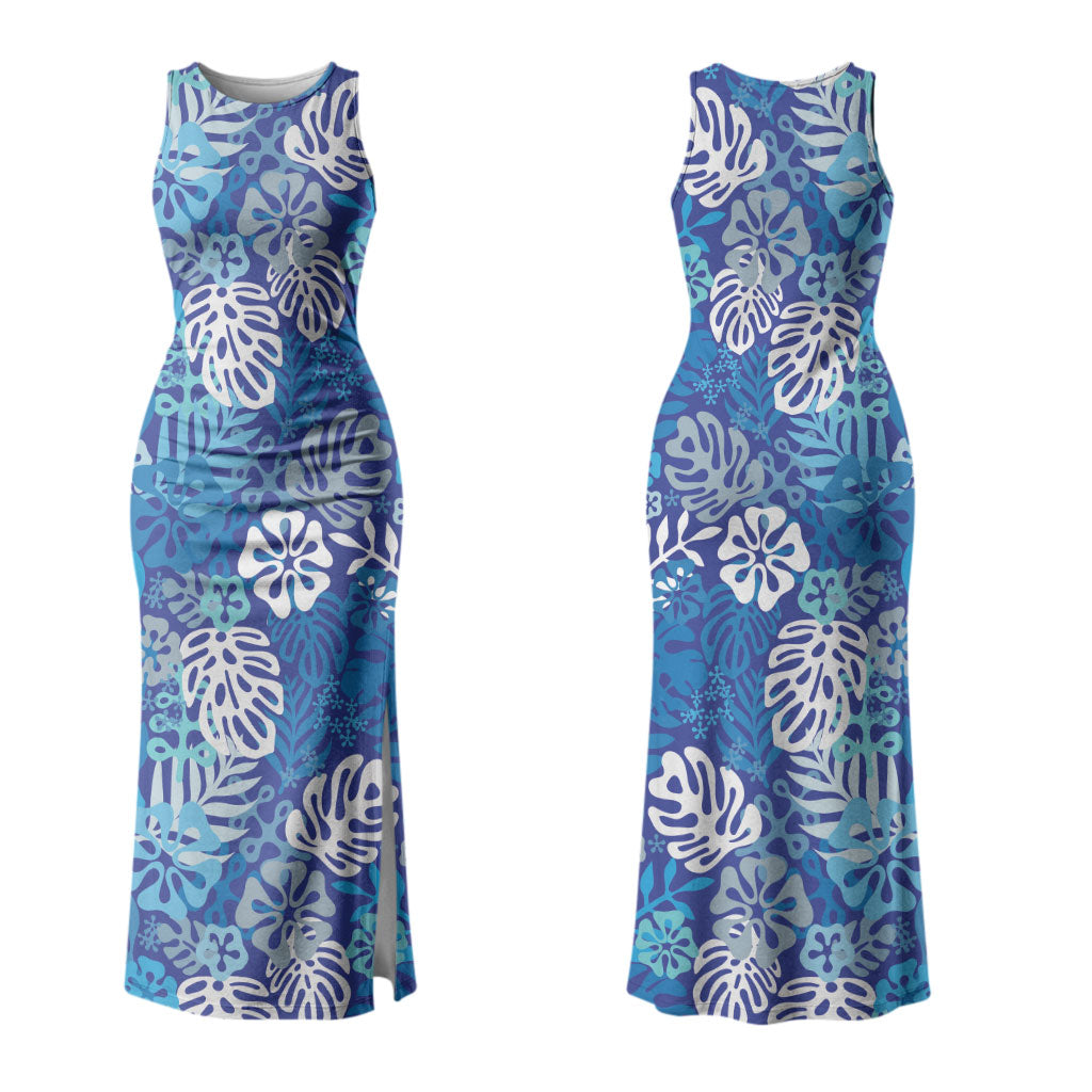 Blue Aloha Hawaiian Family Matching Tank Maxi Dress and Hawaiian Shirt Monstera Hibiscus Tropical Pattern LT19 Mom's Dress Blue - Polynesian Pride