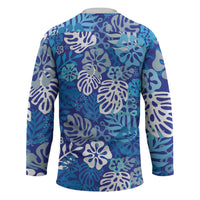 Blue Aloha Hawaiian Hockey Jersey Monstera Hibiscus Tropical Pattern LT19 - Polynesian Pride
