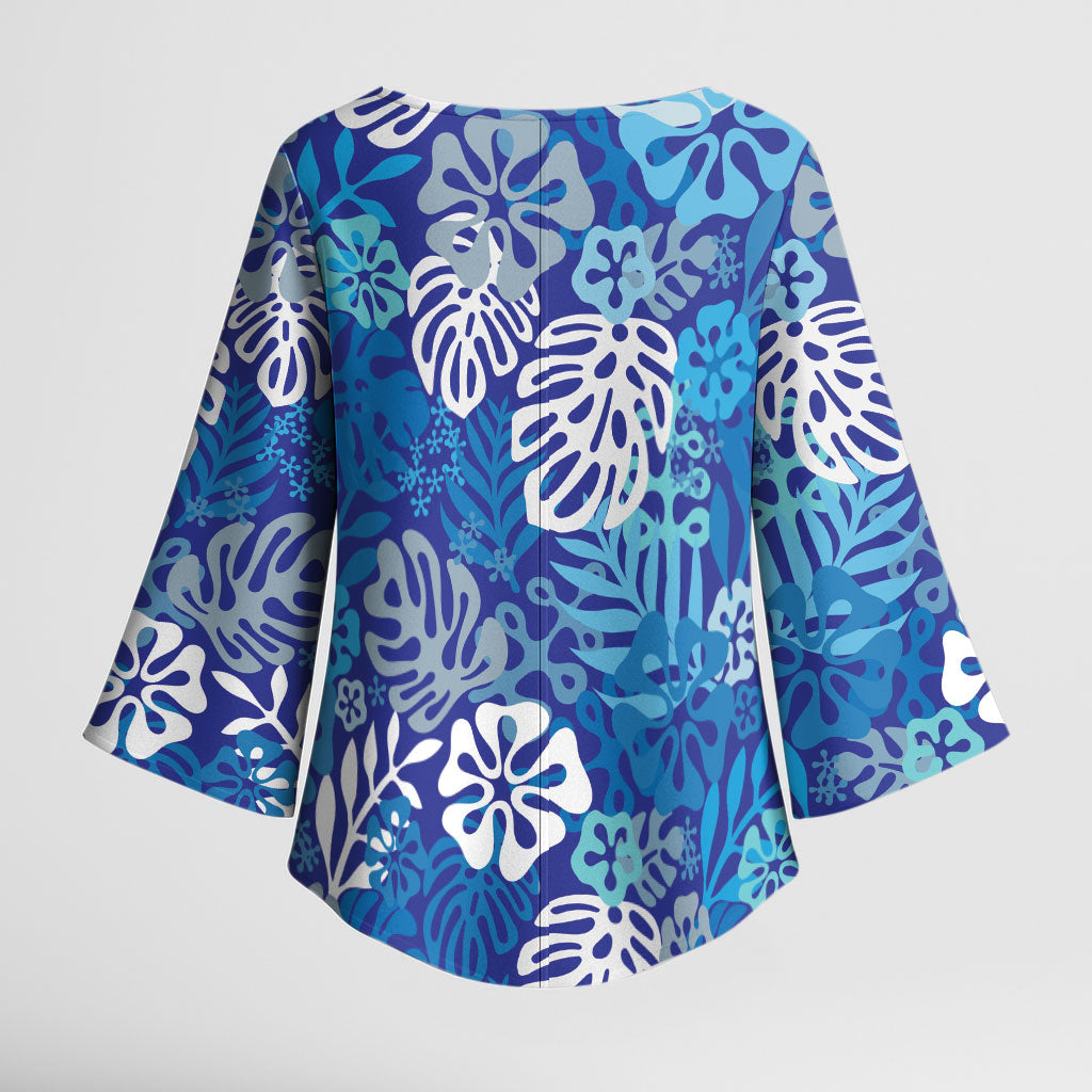 Blue Aloha Hawaiian Kimono Sleeve Blouse Monstera Hibiscus Tropical Pattern LT19 - Polynesian Pride