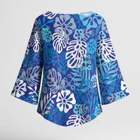 Blue Aloha Hawaiian Kimono Sleeve Blouse Monstera Hibiscus Tropical Pattern LT19 - Polynesian Pride