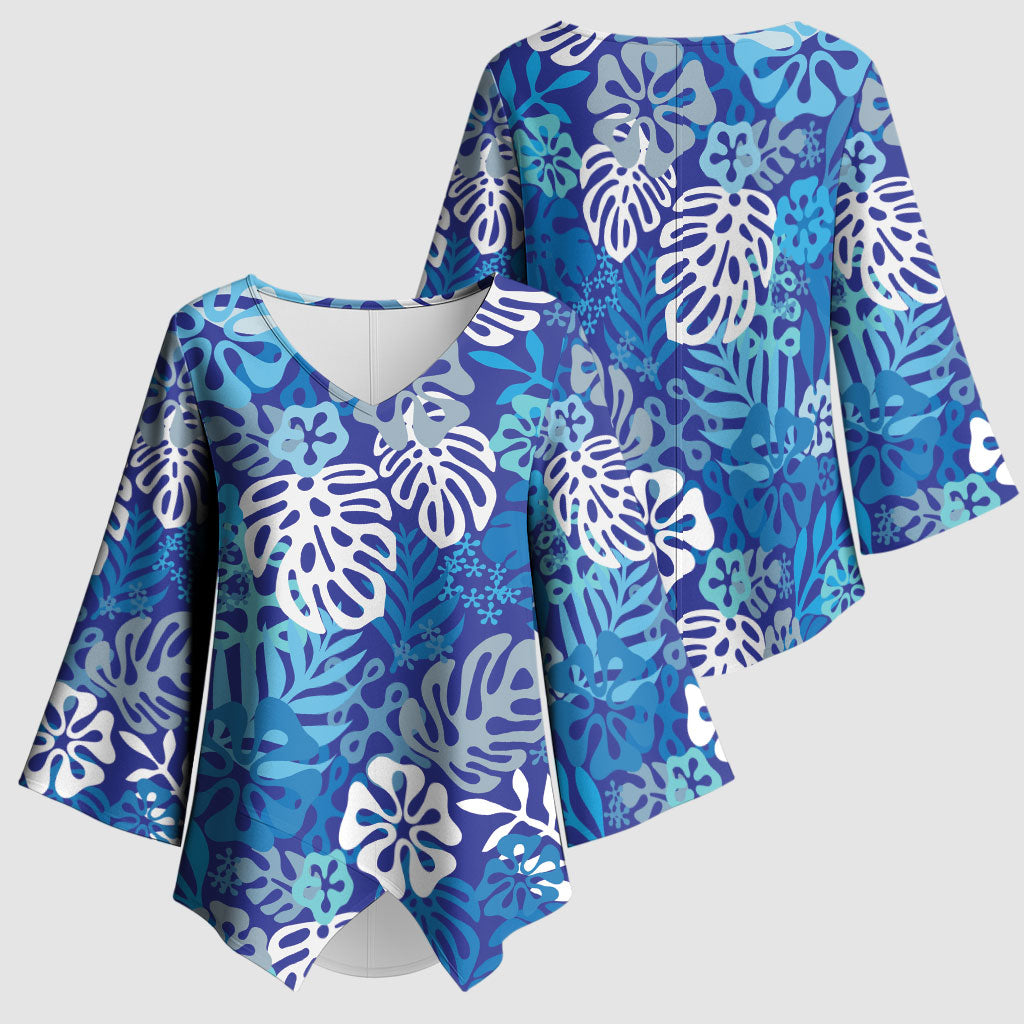 Blue Aloha Hawaiian Kimono Sleeve Blouse Monstera Hibiscus Tropical Pattern LT19 - Polynesian Pride