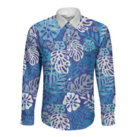Blue Aloha Hawaiian Long Sleeve Button Shirt Monstera Hibiscus Tropical Pattern