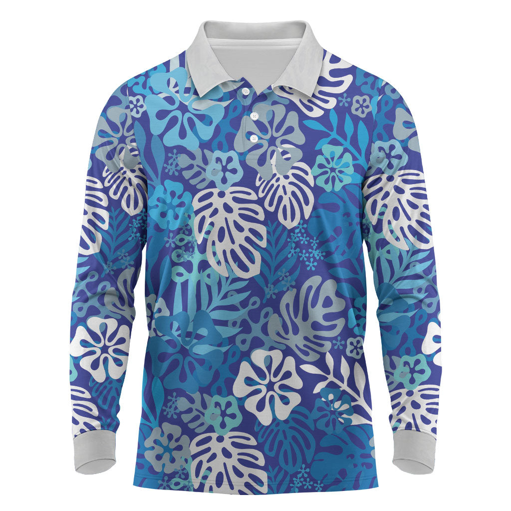 Blue Aloha Hawaiian Long Sleeve Polo Shirt Monstera Hibiscus Tropical Pattern