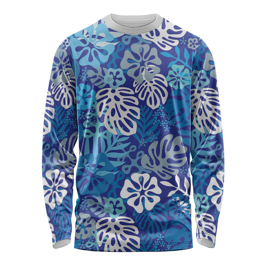 Blue Aloha Hawaiian Long Sleeve Shirt Monstera Hibiscus Tropical Pattern LT19 Unisex Blue - Polynesian Pride