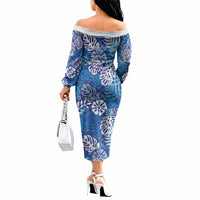 Blue Aloha Hawaiian Off The Shoulder Long Sleeve Dress Monstera Hibiscus Tropical Pattern LT19 - Polynesian Pride