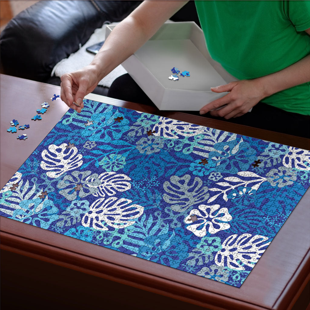 Blue Aloha Hawaiian Puzzle Monstera Hibiscus Tropical Pattern LT19 - Polynesian Pride