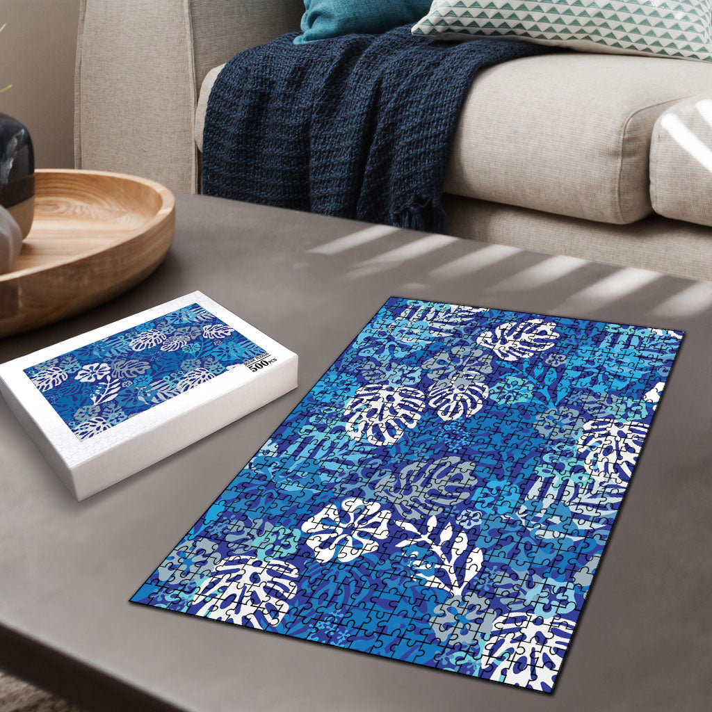 Blue Aloha Hawaiian Puzzle Monstera Hibiscus Tropical Pattern LT19 - Polynesian Pride