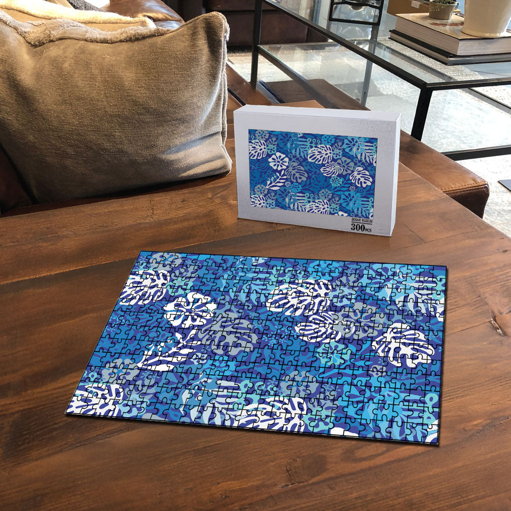 Blue Aloha Hawaiian Puzzle Monstera Hibiscus Tropical Pattern LT19 - Polynesian Pride