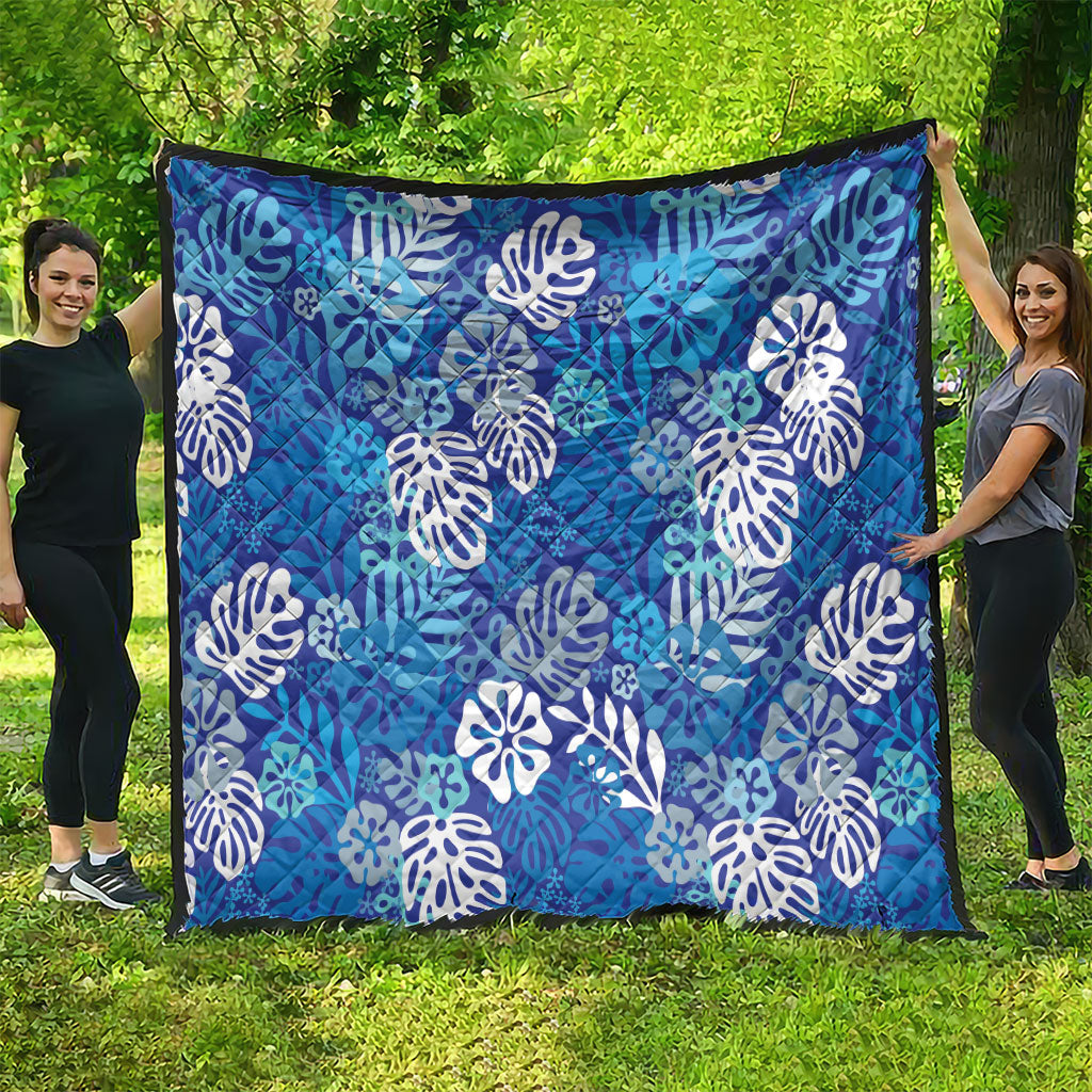 Blue Aloha Hawaiian Quilt Monstera Hibiscus Tropical Pattern LT19 - Polynesian Pride