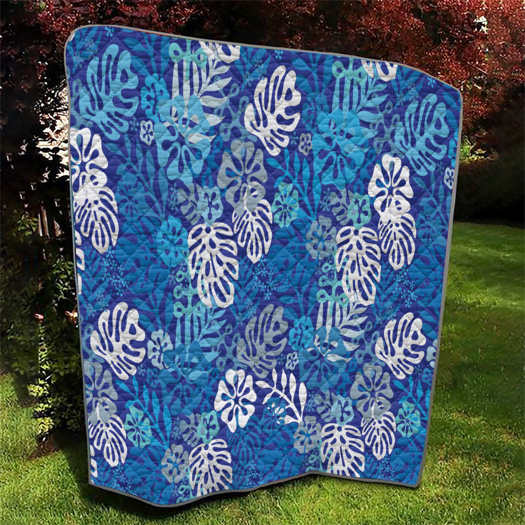 Blue Aloha Hawaiian Quilt Monstera Hibiscus Tropical Pattern LT19 - Polynesian Pride