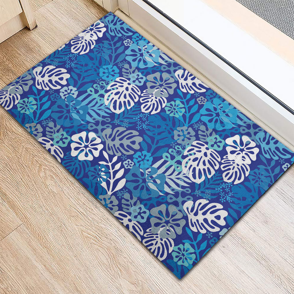 Blue Aloha Hawaiian Rubber Doormat Monstera Hibiscus Tropical Pattern LT19 - Polynesian Pride