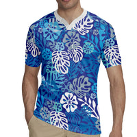 Blue Aloha Hawaiian Rugby Jersey Monstera Hibiscus Tropical Pattern LT19 - Polynesian Pride