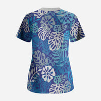 Blue Aloha Hawaiian Scrub Top Monstera Hibiscus Tropical Pattern LT19 - Polynesian Pride
