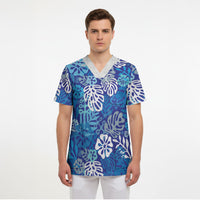 Blue Aloha Hawaiian Scrub Top Monstera Hibiscus Tropical Pattern LT19 - Polynesian Pride