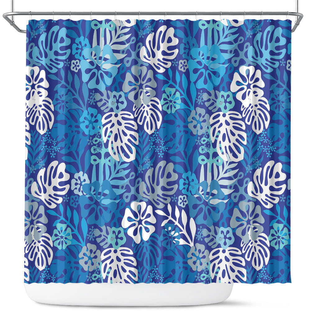 Blue Aloha Hawaiian Shower Curtain Monstera Hibiscus Tropical Pattern LT19 Blue - Polynesian Pride