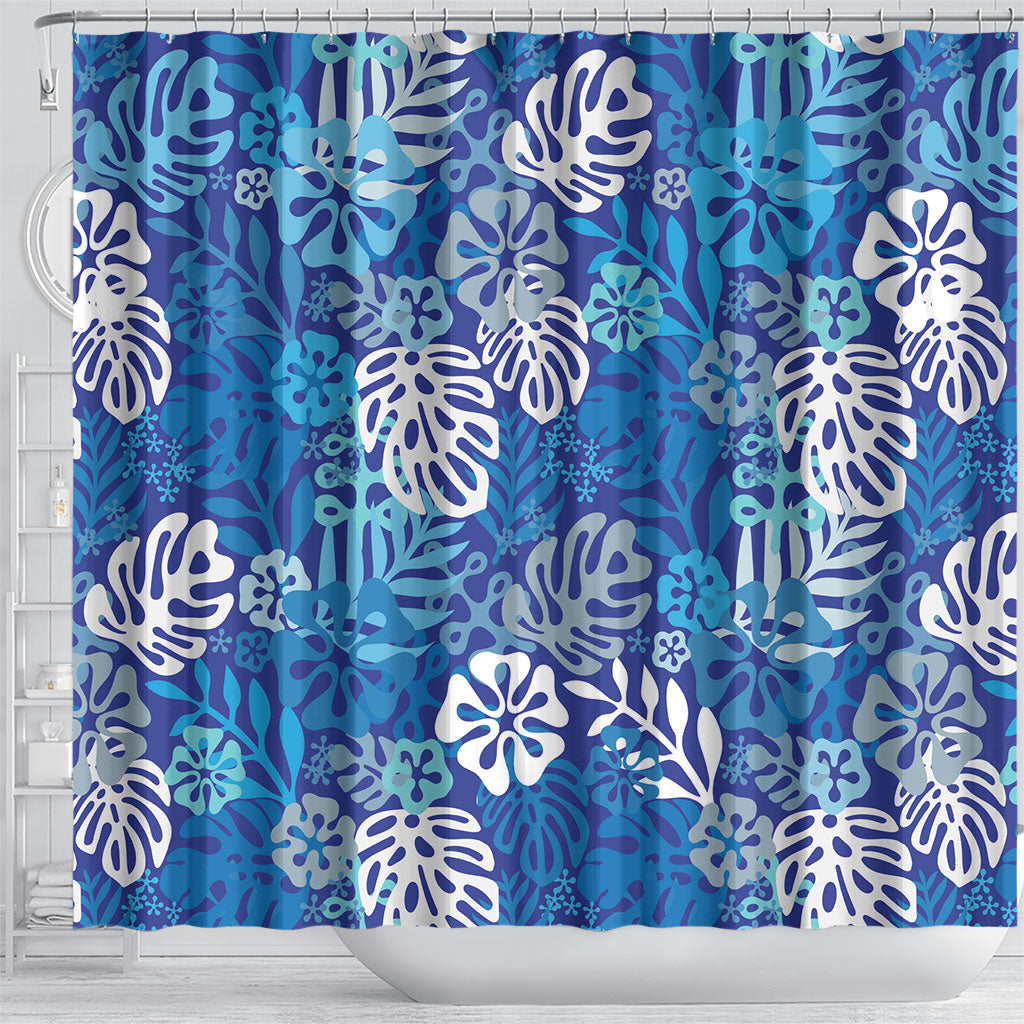 Blue Aloha Hawaiian Shower Curtain Monstera Hibiscus Tropical Pattern LT19 - Polynesian Pride