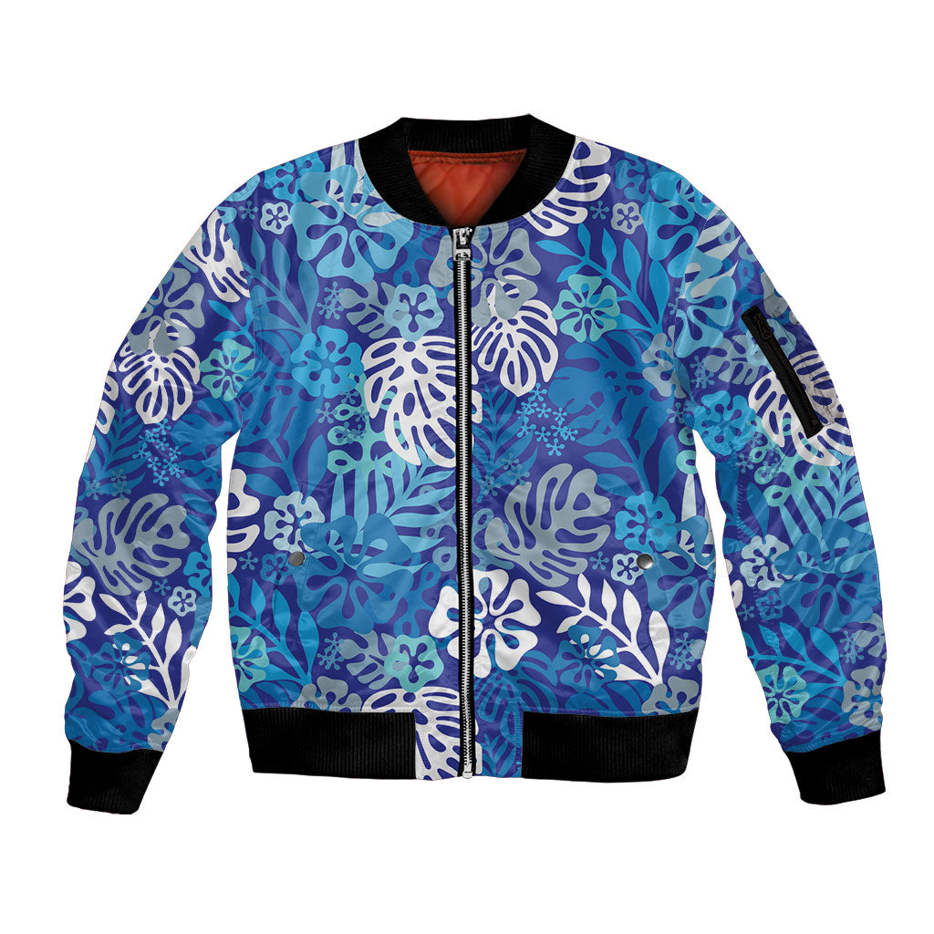 Blue Aloha Hawaiian Sleeve Zip Bomber Jacket Monstera Hibiscus Tropical Pattern LT19 Unisex Blue - Polynesian Pride