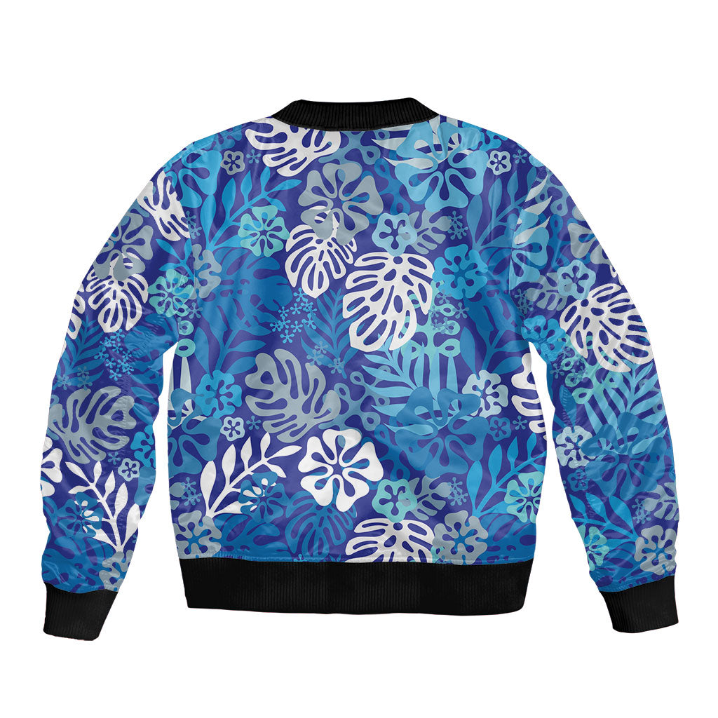 Blue Aloha Hawaiian Sleeve Zip Bomber Jacket Monstera Hibiscus Tropical Pattern LT19 - Polynesian Pride